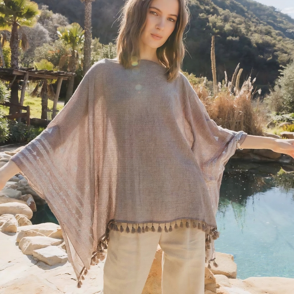 Leto Collection Women's Brown Embellished Aztec Tunic Boho Tassles One Size.